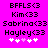 Pixelated text and symbols on a bright pink background with two identical side-by-side layouts showing names and heart symbols.