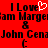 Red background with black text reading "I Love" followed by a white heart symbol, then "William Margeram & John Cena" in pixelated font.