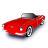 Red convertible car with silver accents and black wheels, viewed from a low angle against a white background.