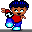 Pixel art character in red shirt and blue pants with dark blue hair, holding a soccer ball prop across four animation frames showing arm and leg movement.