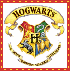 Hogwarts crest with 'H' monogram on shield, bordered by red frame with yellow dots and blue dots.