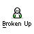 A pixelated character with green hands and a white body sits against a gray background, displaying sequential animation frames of a broken state.