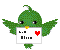 A green pixelated bird holding a white sign with red heart and blocky text across five animated frames showing wing position changes.
