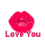 Three pixelated red lips icons with heart accents and text, arranged in a contact sheet on gray background.