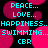Pixelated cyan text on black background with pink circular shapes, repeating phrases and abbreviations in a