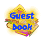 Animated icon shows stacked books with glowing yellow borders; blue text 'Guest book' appears on left, then transitions to open books with colorful pages on right.