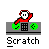 Pixel art of a red-clad figure with white face and black eyes, positioned above a gray platform with green circular elements and a black , under the text 'Scratch'