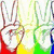 Animated sequence showing a rainbow-colored peace sign with white hands, transitioning to black silhouette hand gestures on colored backgrounds.