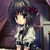 Pixelated anime-style character with dark hair and red flower accessory, wearing light shirt and dark shorts in purple-toned background.
