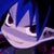Pixelated static image of a character's face with blue hair and purple skin, featuring large eyes and a small mouth against a dark background.