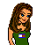 Pixel art buddy icon featuring a female character with long brown hair and blue eyes on the left, next to green text reading "Original Icons .com" on a dark green background.