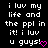 Pixelated text on black background with pink heart symbol, two identical side-by-side layouts of the same message.