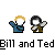 Pixel art of two figures with white faces, one in blue jacket and blonde hair raising arm, the other in brown outfit holding object; text labels below.