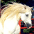 Two side-by-side frames of a white horse with flowing mane against dark background, first frame showing red and blue elements behind the horse's head.