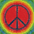A circular peace symbol with a red center, black outline, and rainbow gradient background transitioning from green to yellow to red.