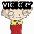 Pixelated cartoon character with bald head, yellow shirt, red pants; text overlays read VICTORY, SHALL BE, MINE!! across three
