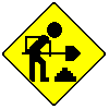 Yellow diamond-shaped warning sign with black silhouette of a person digging, showing sequential animation frames of shovel movement and pile changes.