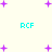 Pixelated cyan text "RCF" appears on a light background with scattered purple plus signs and dots in multiple positions.