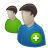 Two pixelated figures with brown hair; one wears green, the other blue with a green circular symbol containing a white plus sign.
