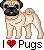 Pixel art pug standing with light brown body, black face and ears, pink tongue, red heart symbol, and 'I ❤️ Pugs' text below on gray background.