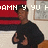 A person in a black shirt holds an object with both hands, standing before red and white striped background with framed artwork.
