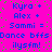 Pixelated text on bright pink background with green dots, repeating 'Kyra + Alex + Sammi = Dance bffs ilysfm!' in blue and purple characters.