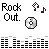 Pixelated graphic with 'Rock Out.' text, two musical notes, a CD icon, and an audio equalizer bar graph on white background.