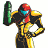 Pixelated static image of a humanoid character in yellow and black armor holding a green weapon, with red helmet and blue visor on white background.