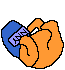 A pixelated orange hand holds a blue object with purple text, changing position across frames against a gray background.