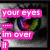 Pixelated image with pink text overlays on a grayscale cat eye background, a purple background with a smiley face, and a white background with heart outlines.