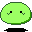 Five green pixelated circular characters with black square eyes and V-shaped mouths, arranged in two on a gray background