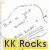 Pixelated cartoon character with white hair and gray limbs, holding a microphone above yellow text reading 'KK Rocks' in blue letters.