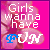 A 4-frame animated contact sheet showing a pink background with blurred floral shapes and white text "Girls wanna have FUN" where the blue letter in "FUN" changes position across frames.