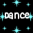 Black background with cyan starbursts and white text reading 'dance' in pixelated font, some instances of the word have cyan accents.