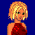 Animated cartoon doll with blonde hair in red strapless dress and black-and-white checkered high heels, walking against blue background with red text.