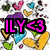 Pixelated icon with four quadrants: top-left has pink text 'ILY<3' over colorful hearts, top-right shows purple 'DIANA &' on black background, bottom-left displays cyan 'ROBERT!' on gray with blue hearts, bottom-right is solid gray.