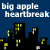 Pixelated graphic with white text 'big apple heartbreak' over dark blue background and black silhouettes of buildings with yellow windows.