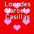 Red background with pink pixelated hearts and repeated white text "Lourdes Marcelo Casillas" in four quadrants.