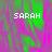 Pixelated text 'SARAH' appears in three positions over a pink and green abstract background with a gray rectangular overlay.