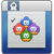 Pixelated icon with four colored circular elements arranged in a flower pattern on a light gray background, framed by blue and gray borders.