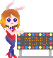 Animated pixel art contact sheet showing a female character with bunny ears performing various poses next to a digital display board, arranged in a 4x4 grid on gray background.