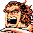Pixelated cartoon character with exaggerated facial expression, orange and black hair, open mouth showing teeth, yellow skin tone, static single-frame image.