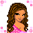 Pixel art of a woman in pink polka-dot clothing with long brown hair, surrounded by pink square patterns and text reading PRETTY in PINK!