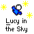 Pixelated icon shows a blue figure with brown accents holding a white circular object against gray background, surrounded by four yellow starbursts and text reading "Lucy in the Sky".