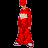 Pixelated red cartoon figure in full-body outfit with white accents on a black background.