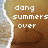 Pixelated beach scene with white text reading 'dong summers over' on a brownish background, wave on left side.