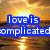 Sunset over water with blue text reading 'love is complicated' in pixelated font, displayed across four showing sequential animation frames