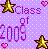 Pixelated static icon with purple background featuring "Class of 2009" text, two yellow stars, and two pink hearts in a school-themed design.