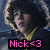 Pixelated image of a person with dark hair holding an object, overlaid with pink text reading "Nick<3" on a black background.