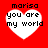 Red background with four white heart shapes, each containing black text reading 'marisa you are my world' in pixelated font.